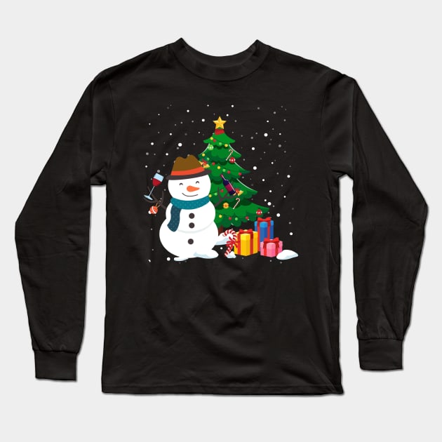 Funny Snowman Drinking Wine Christmas Tree Long Sleeve T-Shirt by maximel19722